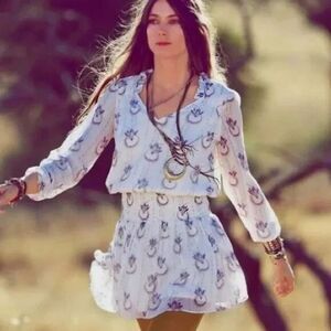 Free People Dress Womens Med White Purple Floral Wild Horses Dreamcatcher Mini